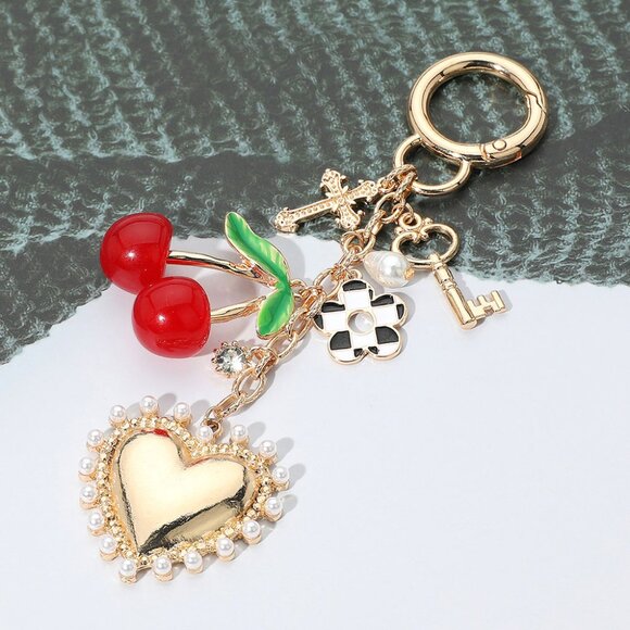 Cherry Pearl Heart Key Cross Flower Charm Embellished Keychain / Bag Charm - Picture 4 of 5